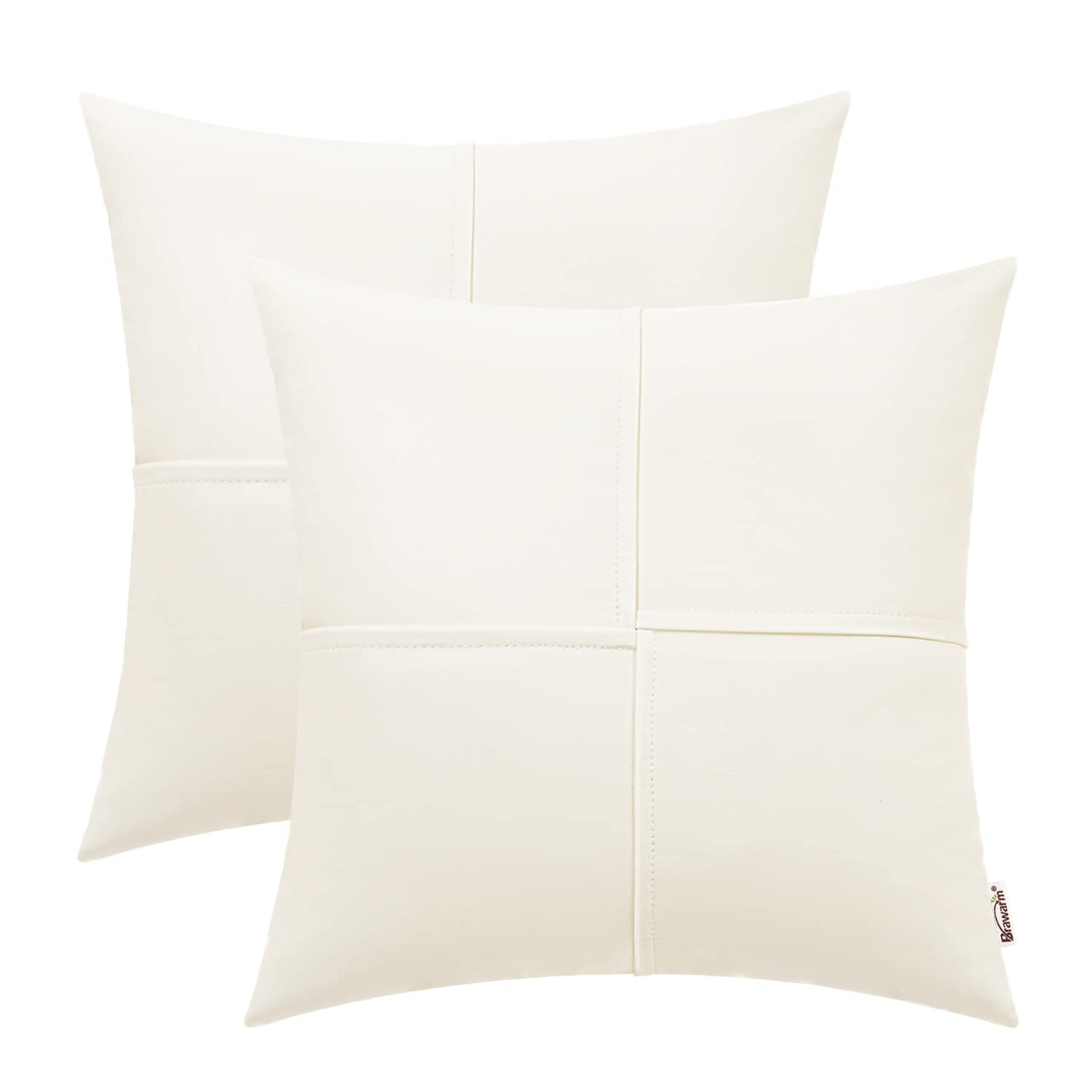 Brawarm Faux Leather Throw Pillow Covers 16 X 16 Inches, Cream Leather Pillow Covers Pack Of 2, Hand Stitched Leather Decorative